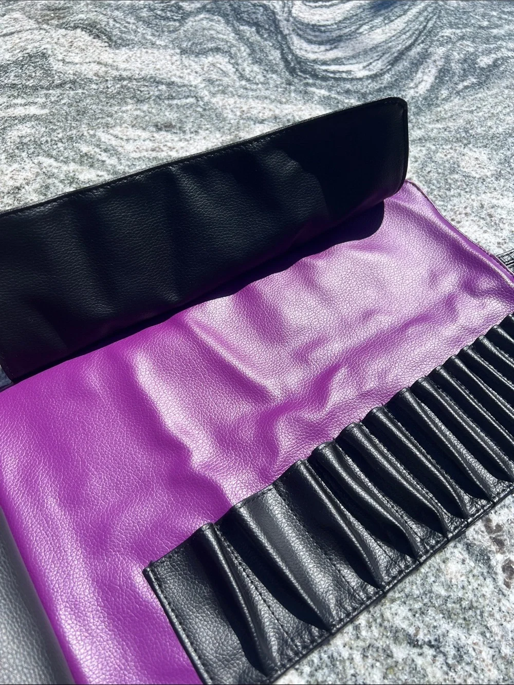 Black Leather Roll makeup brush Case - Compact Travel Pouch